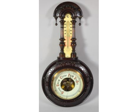 An Edwardian Mahogany Framed Aneroid Barometer with Thermometer, Cracked Glass, 45cm High 
