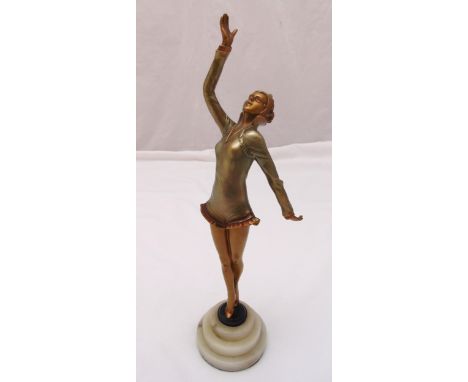 Art Deco gilded metal figurine of a dancer mounted on a white marble stepped circular base, 40cm (h)