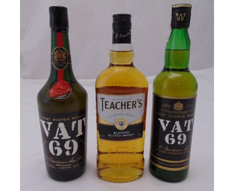 Three bottles of Scotch whisky to include VAT 69 1970s bottling 75cl, VAT 69 70cl 40% and Teachers 70cl 40%