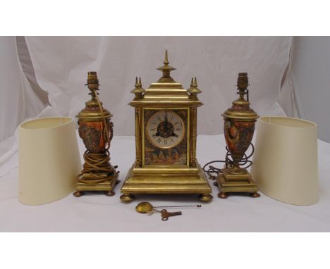 A late 19th century French mantle clock, the rectangular brass case with metal dial and Roman numerals inset with chinoiserie