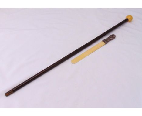 A Victorian hallmarked silver and bone paper knife and walking stick with 9ct gold and bone terminal