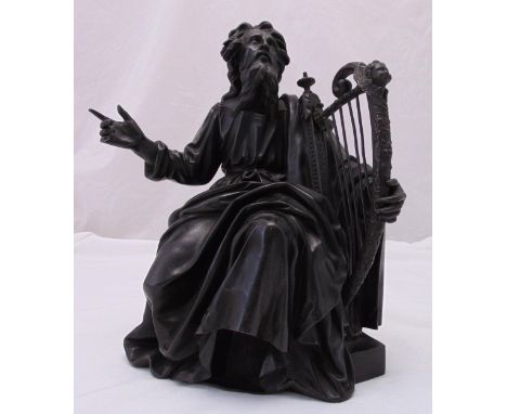A 19th century cast bronze figurine of King David with a harp on shaped rectangular base, 37cm (h)