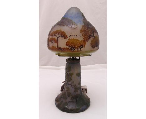 Lorraine Art Deco acid etched mushroom lamp decorated with trees and foliage, signed to the shade and base, 50cm (h)
