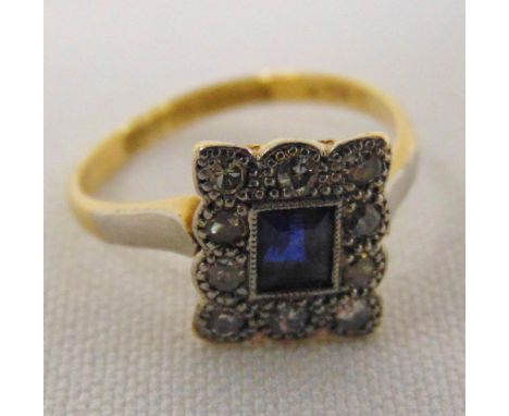 18ct yellow gold and platinum Art Deco ring set with diamonds and a sapphire, approx total weight 2.3g