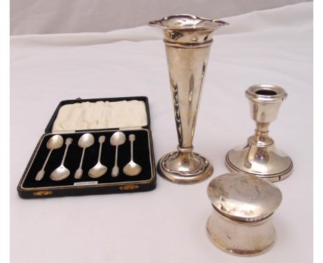 A quantity of hallmarked silver to include cased coffee spoons, an inkwell, a candlestick and a vase (4)