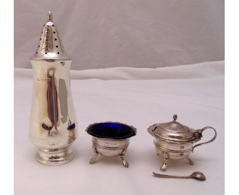 A Mappin and Webb hallmarked silver sugar sifter of conical form, Birmingham 1966 and hallmarked silver mustard pot a matchin