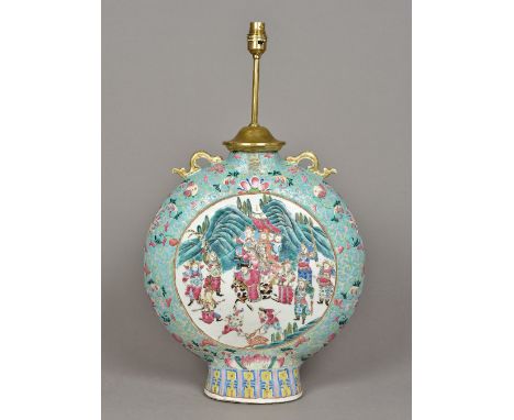A Chinese porcelain moon flaskOf typical form, decorated with a hunting party opposing exotic birds amongst floral sprays, re