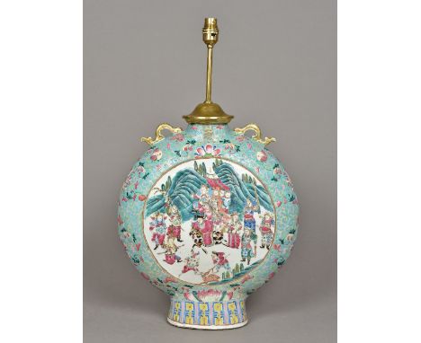 A Chinese porcelain moon flaskOf typical form, decorated with a hunting party opposing exotic birds amongst floral sprays, re