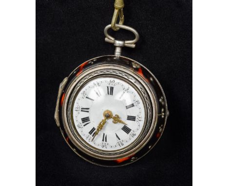 An 18th/19th century pair cased verge pocket watchWith tortoiseshell outer case and embossed silver secondary case.  6 cm dia