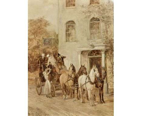 WILLIAM HENRY WHEELWRIGHT (19th century) BritishCoaching ScenesEn grisaille oils on boardSigned44 x 59.5 cm, framed, (a pair)