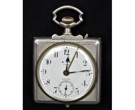 A Continental silver cased pocket alarm clockThe white enamelled dial signed Eterna, with subsidiary seconds dial, Arabic num