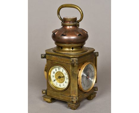 A desk top timepieceModelled as a paraffin lamp incorporating a white enamel dial with Arabic numerals opposing a thermometer