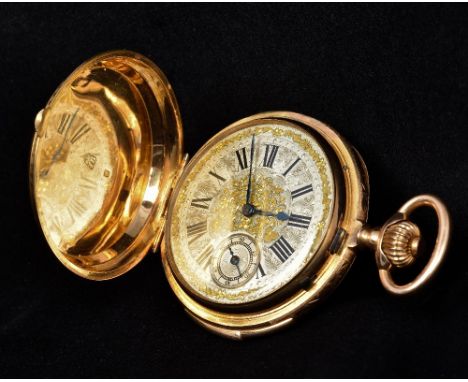 An 18 ct gold cased repeating full hunter pocket watchThe engraved silvered dial with Roman and Arabic numerals and subsidiar