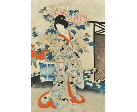 JAPANESE SCHOOL (19th century) Woman Wearing a Kimono Coloured woodblock print; together with two smaller portrait prints The