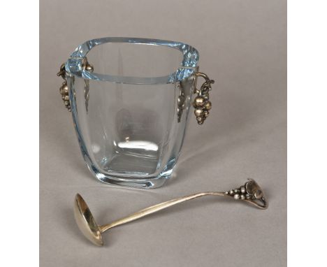 A 20th century Scandinavian glass vase Mounted with twin 925 silver handles formed as trailing bunches of grapes; together wi