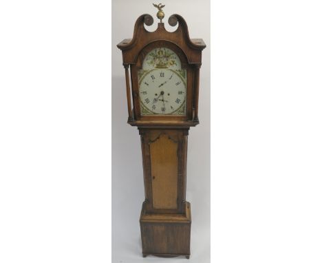 A 19TH CENTURY OAK LONGCASE CLOCK the painted dial with National floral emblems and a basket of flowers and with two subsidia