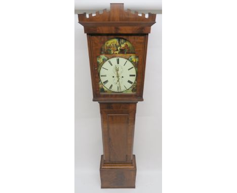 A 19TH CENTURY MAHOGANY LONGCASE CLOCK the painted dial with The Cotters Saturday Night, maker J Cameron, Kilmarnock, 222cm h