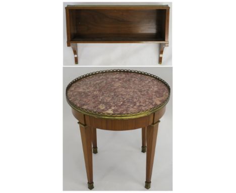 A FRENCH ROSEWOOD HANGING BOOK SHELF with three quarter brass gallery, joined to bracket supports, 64cm high, 98cm wide and 2