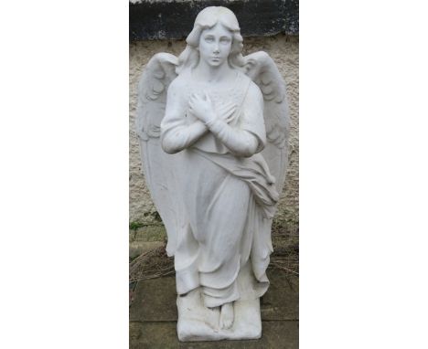 A 20TH CENTURY MARBLE STATUE OF AN ANGEL, 94cm high Condition Report: Dull weathered finish, has small chips and wear as you 