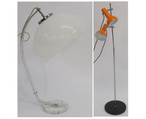 AN ITALIAN TABLE LAMP WITH WHITE PLASTIC SHADE WITH AN ALUMINIUM ARM ON MARBLE BASE, 68cm high x and a Mid Century floor lamp