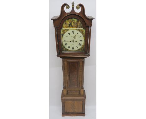 A 19TH CENTURY MAHOGANY LONGCASE CLOCK the painted dial with Rob Roy Act 3, Sc 5, above The Four Seasons, 211cm high Conditio