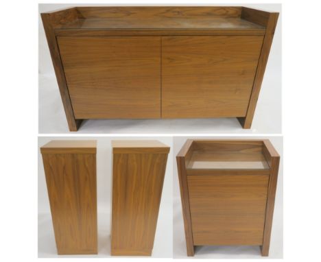 A MODERN WALNUT VENEER SIDEBOARD WITH TWO DOORS, with shelves,93cm high x 150cm wide x 50cm deep, matching cabinet with three