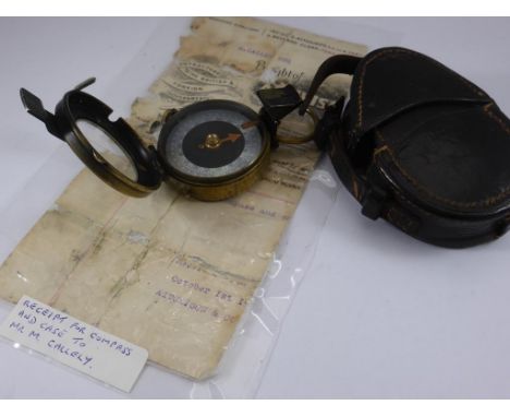 VERNERS MILITARY COMPASS DATED 1918 IN ORIGINAL LEATHER CASE WITH REMNANTS OF ORIGINAL RECEIPT