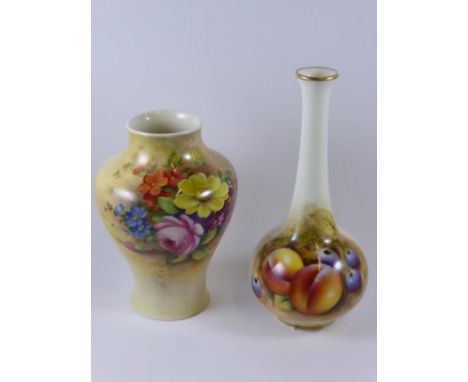 ROYAL WORCESTER SPILL VASE, APPROX. 13cm, PAINTED FRUIT, INDISTINCTLY SIGNED, ONE OTHER ROYAL WORCESTER VASE WITH FLORAL DECO