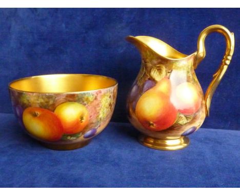 ROYAL WORCESTER MILK JUG 3.5" & SUGAR BOWL 2.25" DEC FRUIT SIG. FREEMAN WITH BLACK MARK