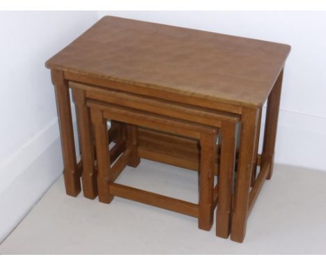 ROBERT 'MOUSEMAN' THOMPSON, NEST OF 3 OAK TABLES, CARVED OAK MOUSE 'SIGNATURE' ON EACH OF THE TABLES, ADZED TOP, LARGEST 24 X