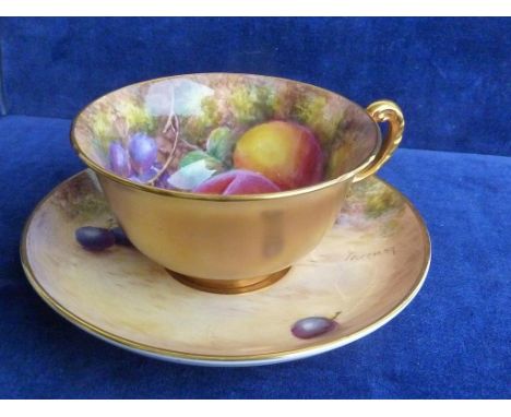 ROYAL WORCESTER CUP & SAUCER DEC. FRUIT SIG. FREEMAN. CUP APPROX 2.25" SAUCER 5 5/8" WITH BLACK STAMP