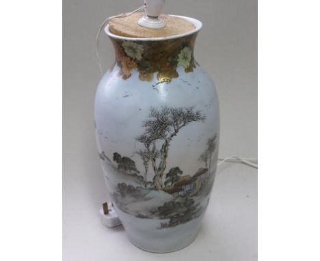 ORIENTAL PORCELAIN BALUSTER VASE DECORATED WITH LANDSCAPE SCENES, CHARACTER MARK TO BASE, APPROX. 36 cm, LAMP FITMENT BUT NOT