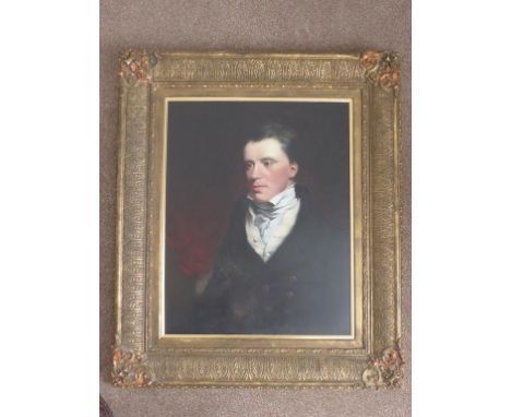 ENGLISH SCHOOL, 19TH CENTURY PORTRAIT OF A GENTLEMAN IN REGENCY COSTUME, HALF LENGTH, OIL ON RELINED CANVAS WITH GOOD QUALITY