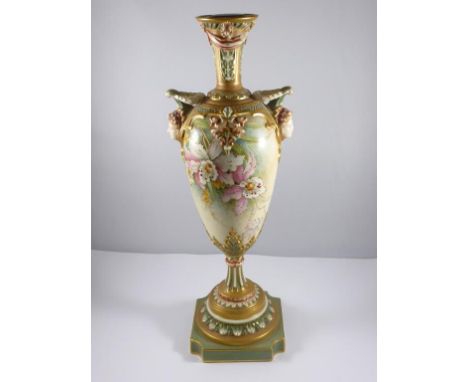 ROYAL WORCESTER 1410 CRICKLITE LAMP BASE, FLORAL DECORATION, MASK HANDLES, APPROX. 30 cm, REPAIRED