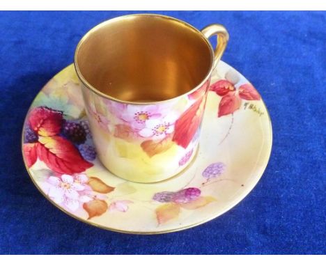 ROYAL WORCESTER COFFEE CAN SIG. K BLAKE DEC FRUIT & SAUCER WITH CRACK DEC. FRUIT SIG K BLAKE