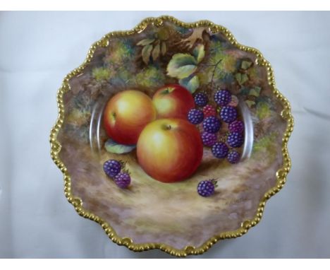 ROYAL WORCESTER PORCELAIN CABINET PLATE DEPICTING APPLES AND BLACKBERRIES, SIGNED H.AYRTON, SHAPED GADROONED BORDERS, APPROX.