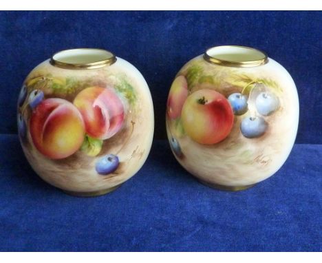 ROYAL WORCESTER 2 X SQUAT VASE POTS SHAPE 2491 DEC FRUIT SIG. POSSIBLY MAYBURY