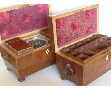 PAIR OF MATCHING GEORGIAN SARCOPHAGUS SHAPED BOXES A TEA CADDY WITH FITTED INTERIOR AND SEWING BOX WITH RING HANDLES BOTH AF