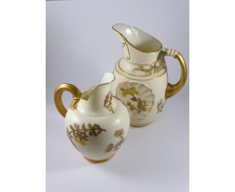 ROYAL WORCESTER BLUSH IVORY FLAT BACK JUG, 1094 APPROX. 13 cm AND JUG 1437 APPRIOX. 15.5 cm