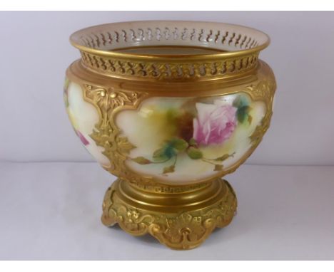 ROYAL WORCESTER JARDINIERE WITH PANELS PAINTED WITH ROSES FIELDED BORDERS AND PIERCED RIM, PUCE MARK, APPROX. 15.5 cm
