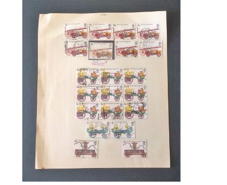 GB 1974 stamp collection on loose album page. 3 1 2p first motor fire engine 1904 used stamp. Colour red missing. We combine 