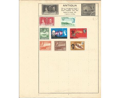 British Commonwealth Stamp collection 5 loose album leaves countries include Aden, Antigua, Ascension, Bahamas and Barbados. 