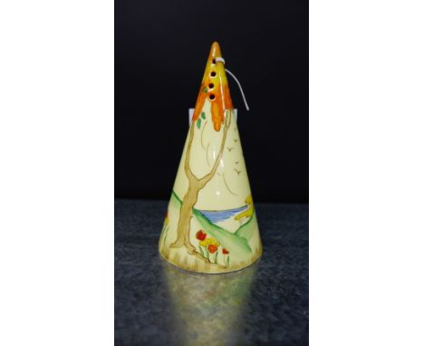 Clarice Cliff conical sugar castor painted with orange trees and coastal pattern with honey glaze and printed backstamps, cir