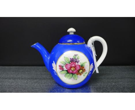 19th century Russian porcelain Gardner Factory blue glazed teapot, painted with floral spray panel, red painted backstamps 