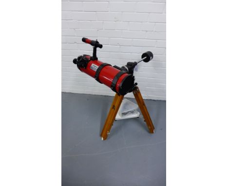 Tasco Equatorial 125mm telescope on tripod stand, complete with a tray of accessories 