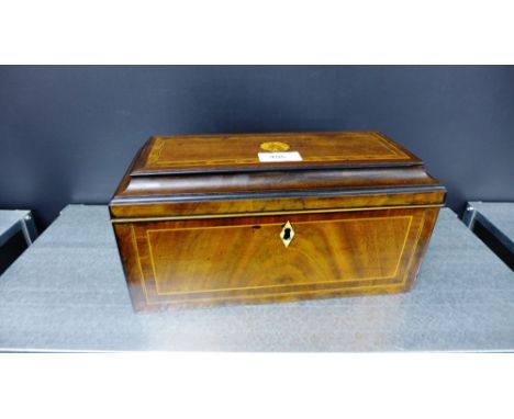 A 19th century rosewood inlaid tea caddy of sarcophagus form 