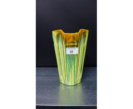 Clarice Cliff Bizarre for Newport Pottery Delecia pattern Art Deco moulded vase with orange and green streaked glaze printed 