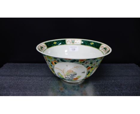 19th century Chinese Famille Verte porcelain flared rim bowl, the exterior painted with floral panels, bearing six character 