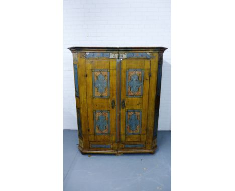 A 19th century Continental painted pine wardrobe with panel doors and shelved interior, raised on bun feet 145 x 180 cm 