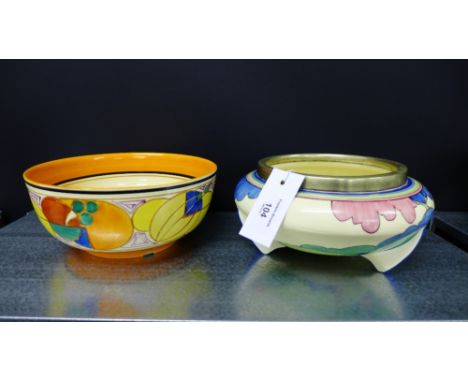 Clarice Cliff Rudyard pattern fruit bowl with Epns rim and raised on three shaped supports, together with a Clarice Cliff Mel